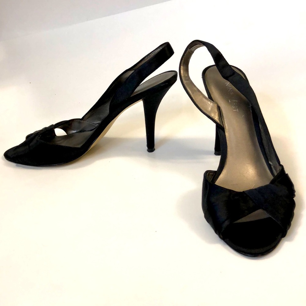 Nine West 8 high Heel shoes Black Satin open toe slingback Excellent Condition